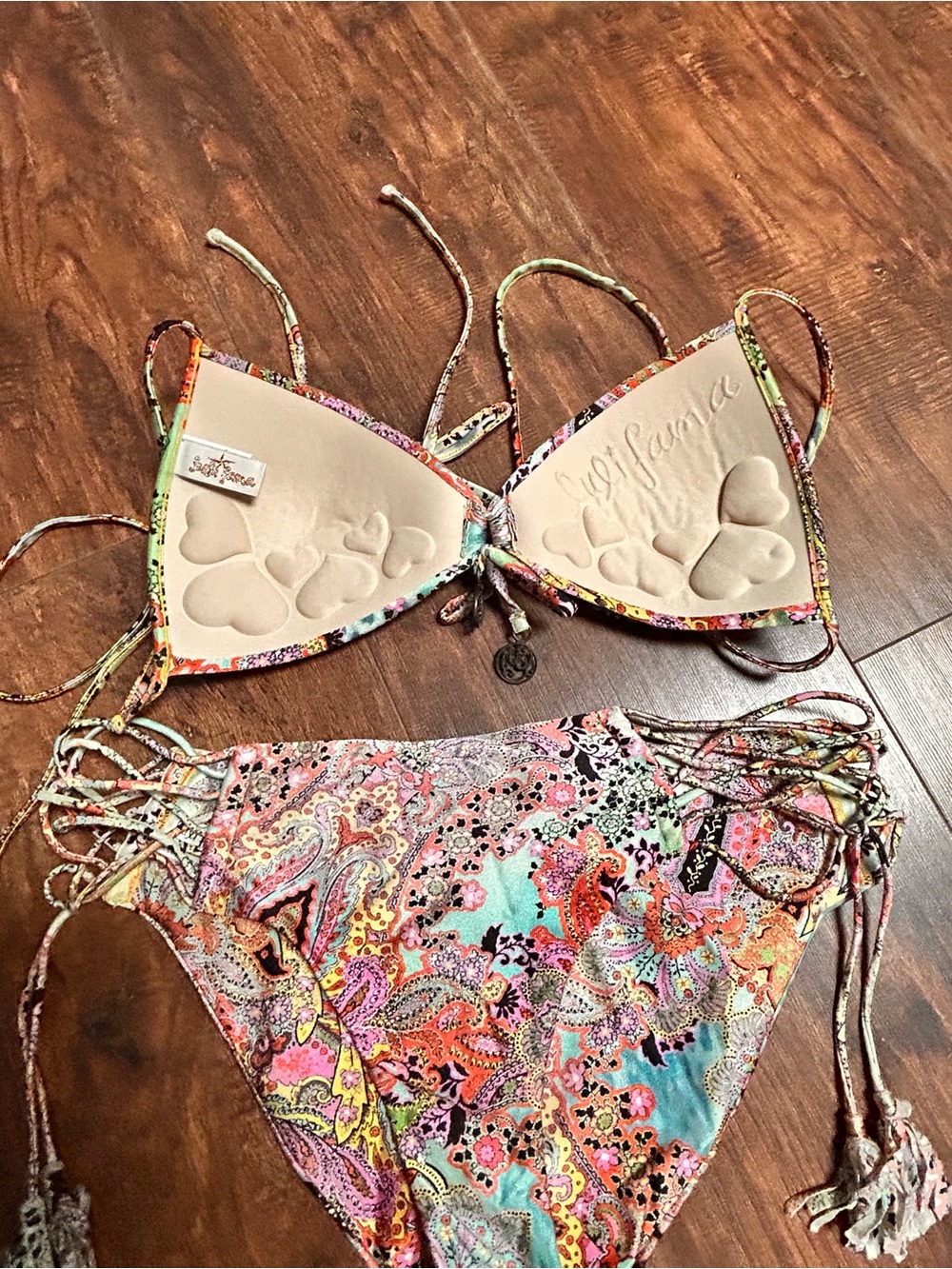Luli Fama Floral Trim Bikini Top in Green, Coral & Black - Picture 9 of 11